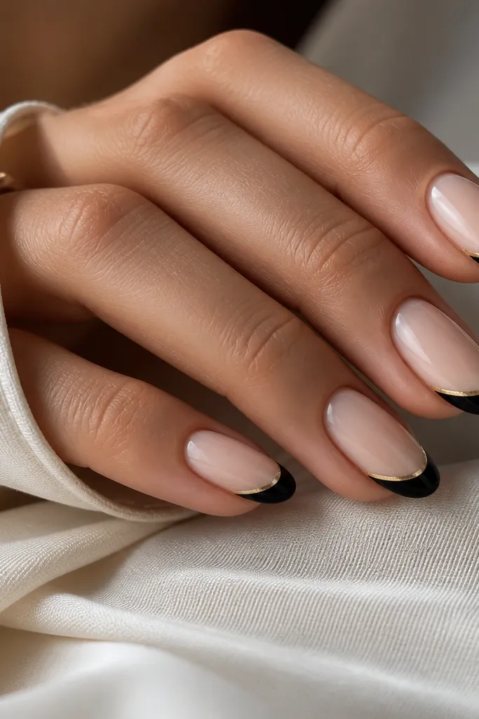 Nude base with a black French tip. The very edge of the tip is capped with gold foil, like a thin metallic cap strip across the top of the black.