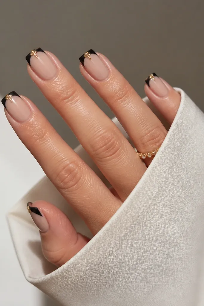 Black French tips on nude nails. A tiny V shape sits in the center of the tip made of small gold studs, with the point reaching toward the smile line.