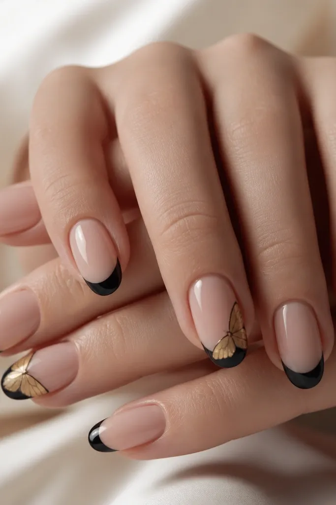 Nude nails with black French tips. On two nails, there's a gold butterfly wing silhouette on the tip area, with thin gold lines and a light gold shimmer fill.