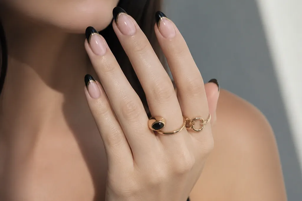Modern French Tip Black And Gold Nails