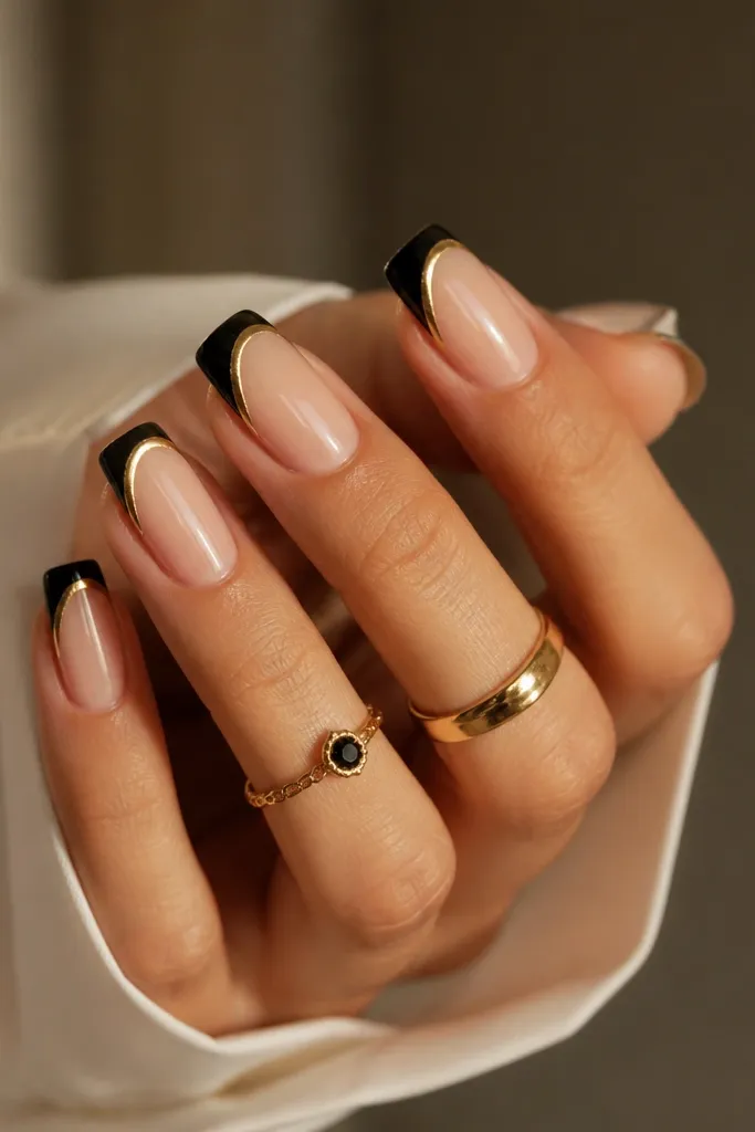 Modern French Tip Black And Gold Nails