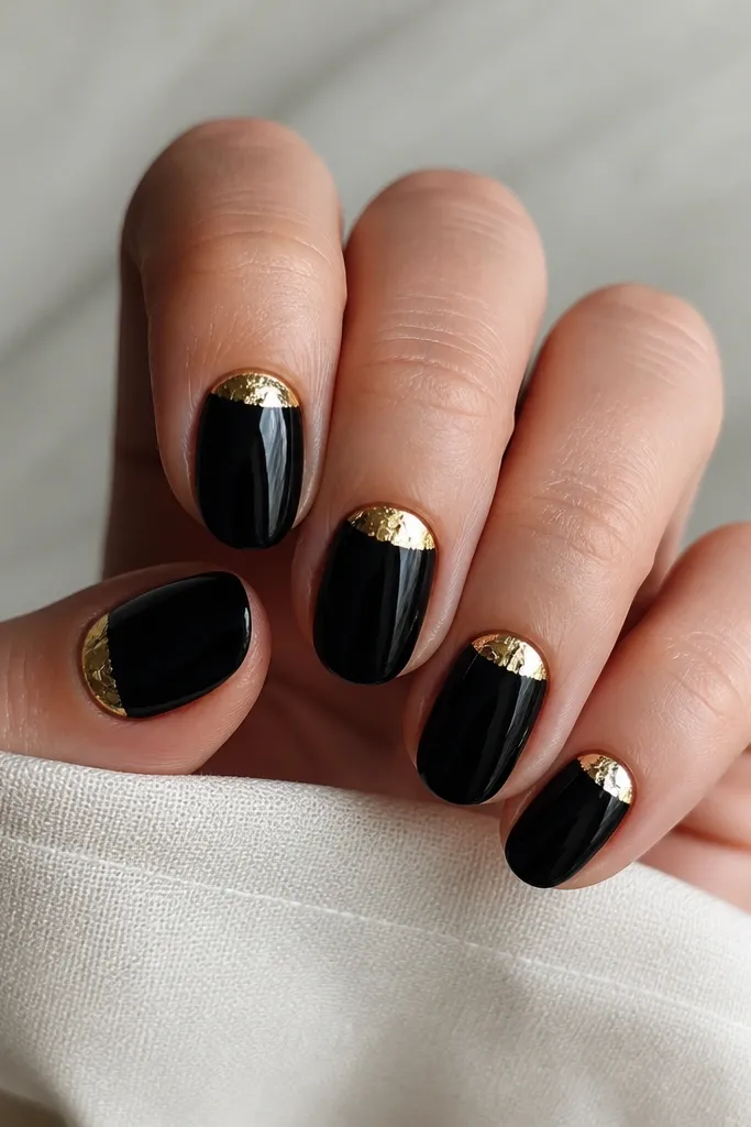 Short oval nails painted glossy black, with a gold foil half-moon at the cuticle on each nail, irregular foil edges pressed cleanly and sealed under a clear topcoat.