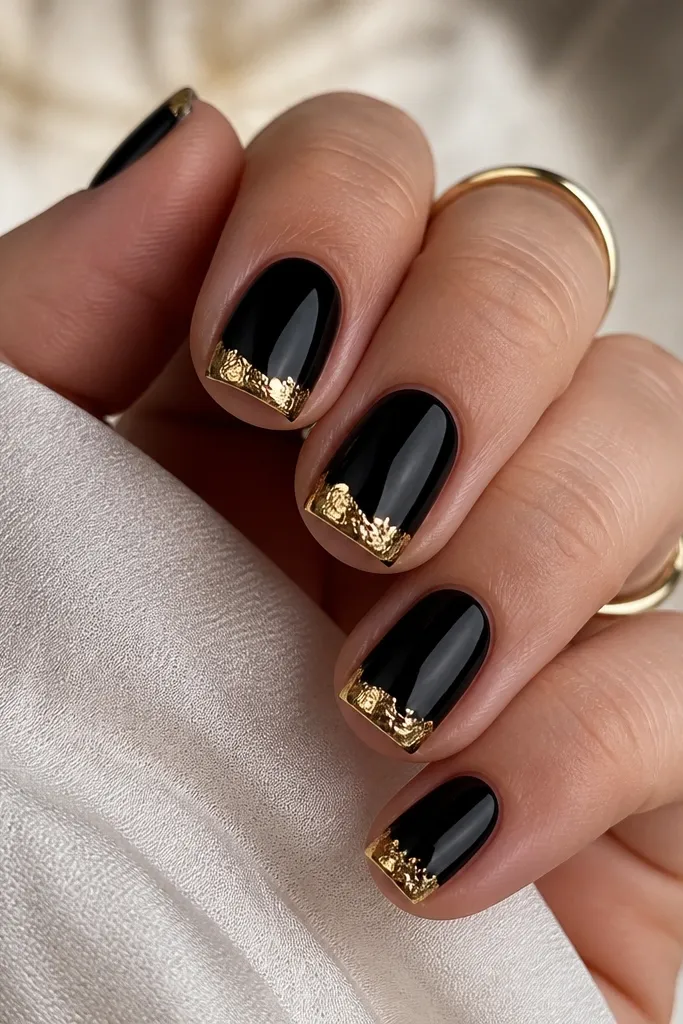 Square short nails with full glossy black coverage and gold leaf applied only at the very tips, forming a French-style band with uneven leaf edges for a natural luxe look.