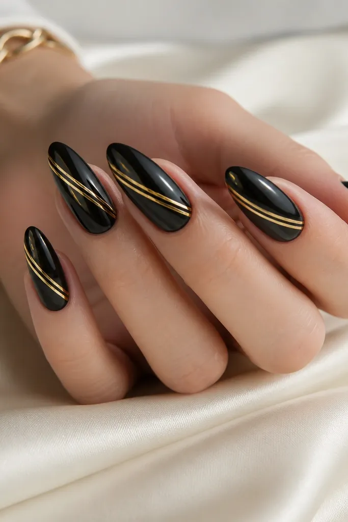 Long almond nails painted glossy black with two thin gold striping tape lines running diagonally from near the cuticle to the side tip, plus a few tiny tape accents near the edge.
