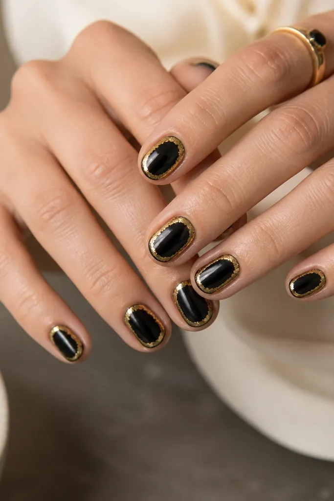 Short oval nails with glossy black base and gold foil pressed in a thin frame around the cuticle perimeter, leaving the center of the nail black.