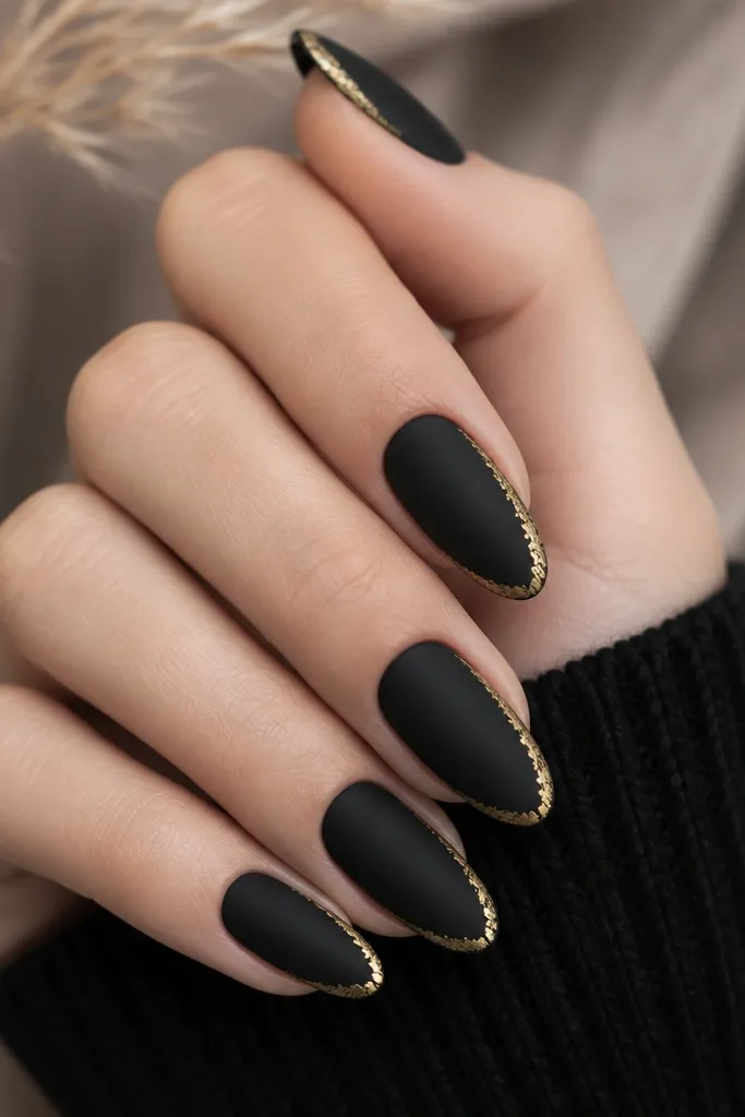 Medium almond nails with a matte black finish and small gold leaf applied just along the outer side edges near the tip, creating a thin glittery outline against the matte background.