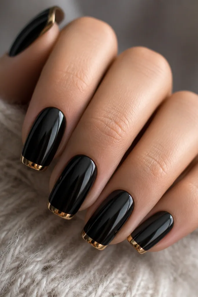Long squoval nails with a glossy black base and a thin gold chrome French tip band, crisp at the smile line and mirror-like in the light.