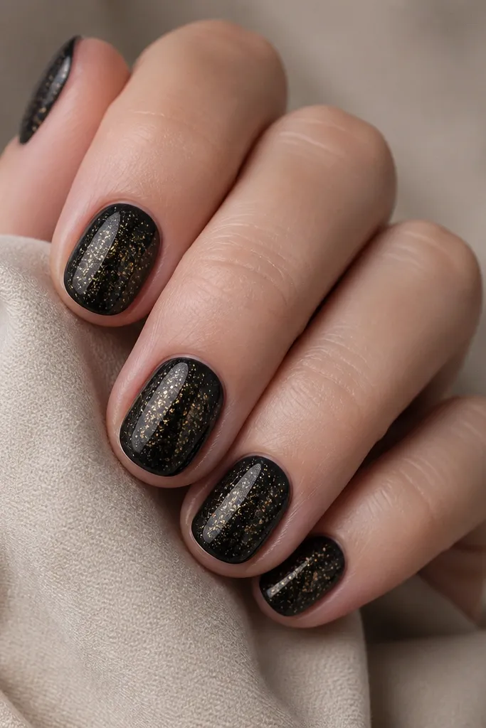 Short round nails painted glossy black with scattered tiny gold speckles like foil dust across the nail surface, denser near the center and lighter toward the edges.