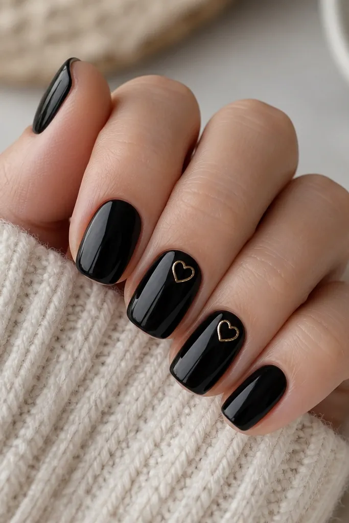 Short squoval nails with glossy black base and small gold outline hearts near the cuticle on two accent nails, with the rest plain black.