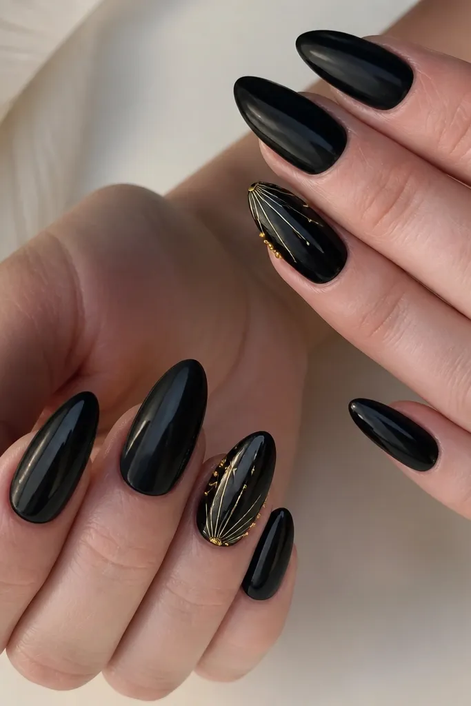 Long almond nails with glossy black base, two accent nails with tiny gold studs near the sidewall and thin gold micro lines radiating from the cuticle, rest plain black.