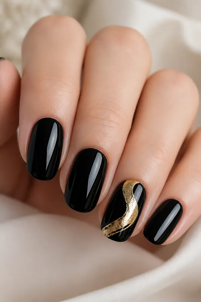 Five nails in glossy black; one accent nail has a sweeping gold foil swirl from near the cuticle toward the side tip, with the swirl edges pressed cleanly and sealed under topcoat.