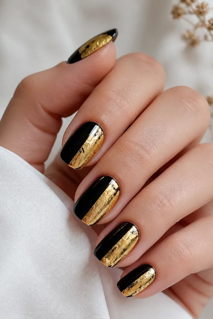 Medium squoval nails with glossy black base and gold leaf covering the right half of each nail from mid-nail down, leaving the left half black, with a sharp but natural leaf boundary.