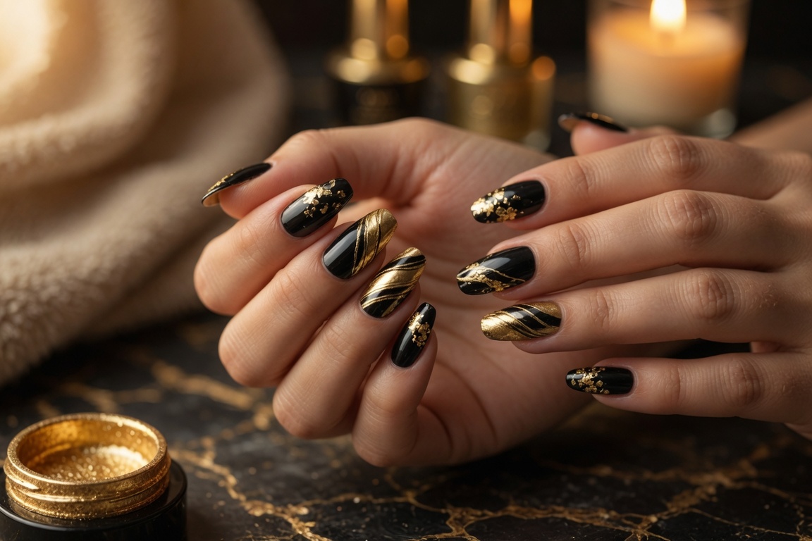 Steps For Easy Black And Gold Gel Nails