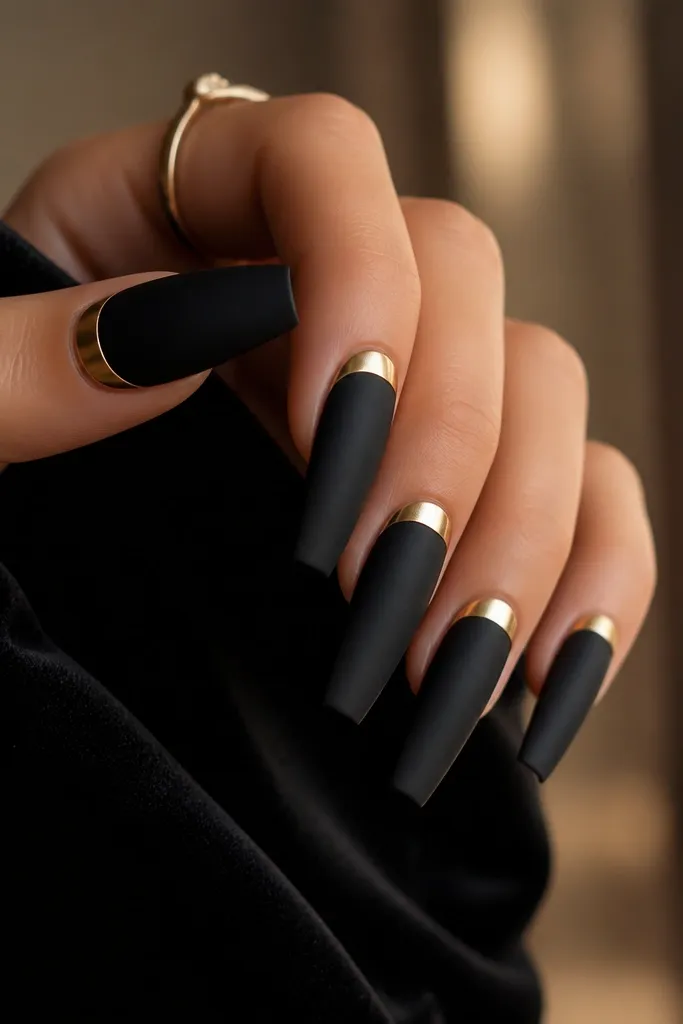 Long coffin nails with a near-matte black velvet finish. At the cuticle, there's a smooth gold chrome half-moon crescent on each nail. The rest of the nail is plain black with a soft sheen only on the crescent.