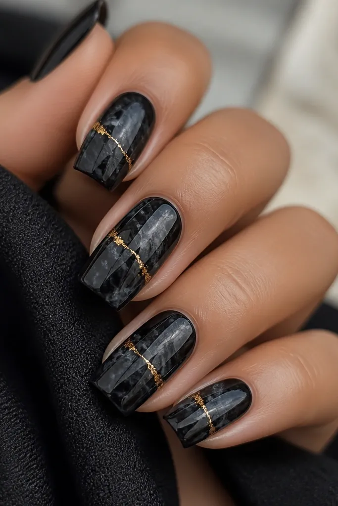 Medium square nails with black marble swirls in glossy black and deep charcoal. A single thin gold vein runs diagonally across each nail, with a few gold flecks near intersections.