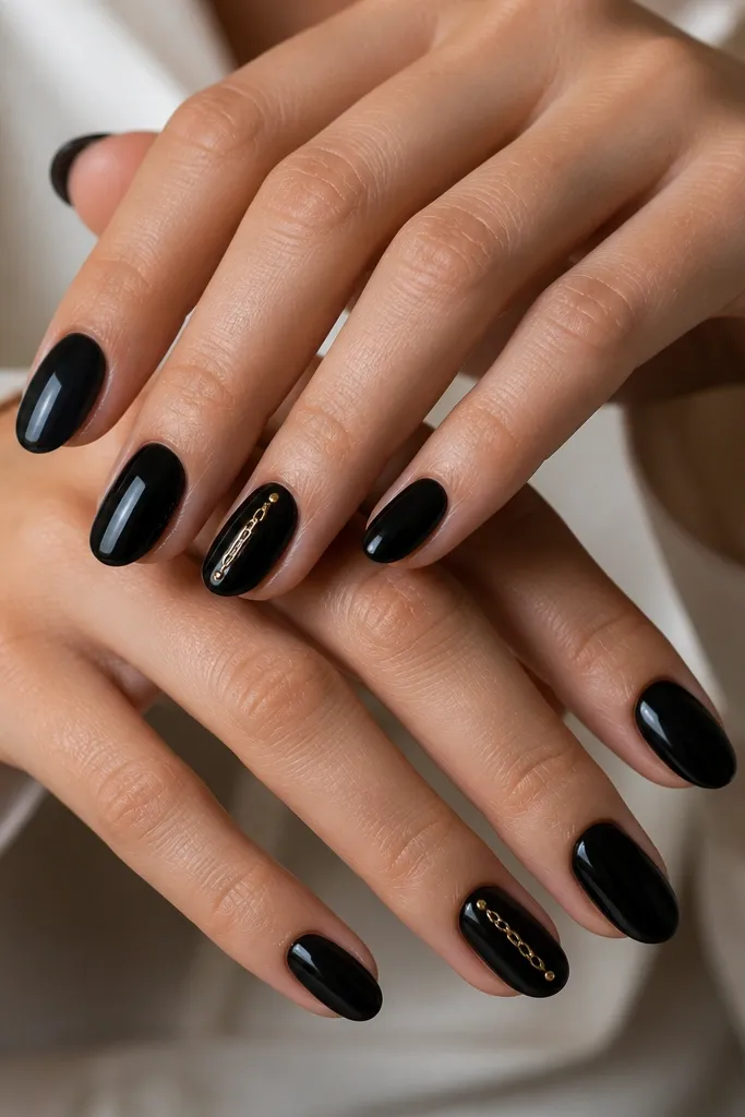 Glossy black nails with one accent nail per hand. On the accent nail, a tiny gold chain link is painted or placed in the center, with two small gold dots at the ends. Other nails are plain black.