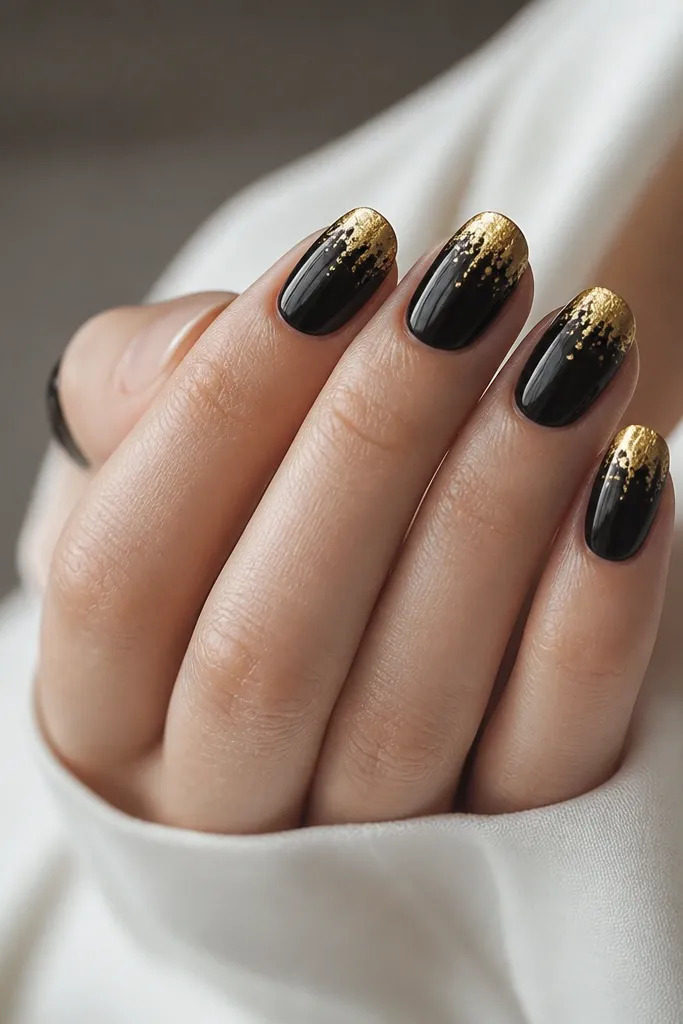 Medium oval nails with glossy black. Each nail has a gold foil half-moon at the cuticle, like a glowing cap. The foil edges are soft and irregular, with a few tiny specks drifting downward.