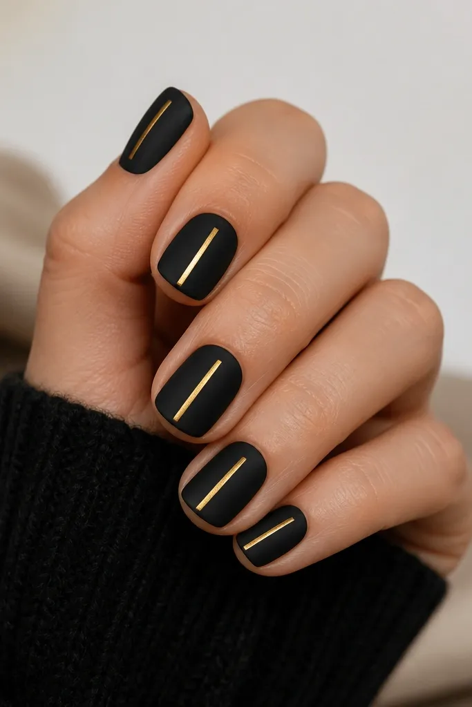 Short square nails with matte black. A single thin gold stripe runs vertically down the center of each nail, clean and straight. The stripe has a glossy shine compared to the matte base.