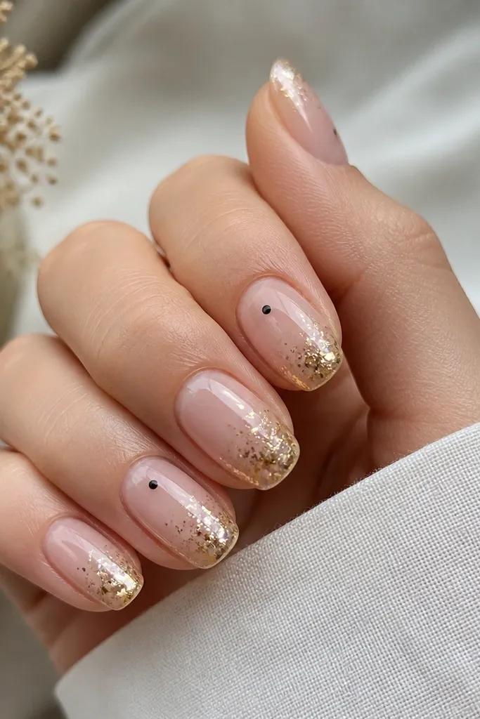 Nails with a sheer nude base overlaid by glossy clear. Gold confetti glitter is concentrated near the tips, with a few scattered pieces toward the middle. Black accents appear as tiny black dots on two nails.
