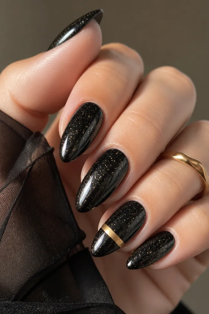 Medium almond nails with black chrome finish. Over the chrome, there are tiny micro gold speckles scattered across the surface like stardust. One nail has a solid gold stripe near the tip.