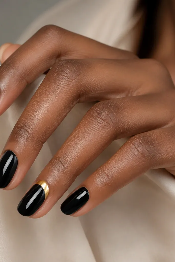 Glossy black nails on four fingers. The ring finger has a gold half-moon at the cuticle. The other nails are plain black with clean shine and no gold. Ring finger gold is metallic and smooth.