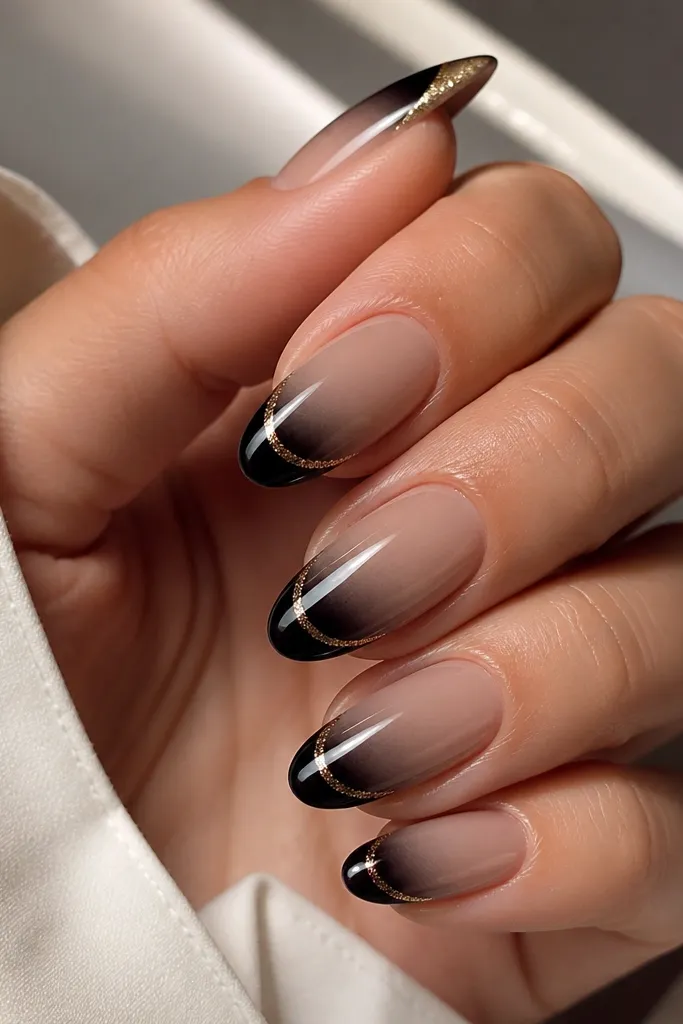 Nails with a soft gradient from nude at the base to black at the tips. Along the very tip edge sits a thin line of gold glitter, like a glowing border. Everything is glossy.