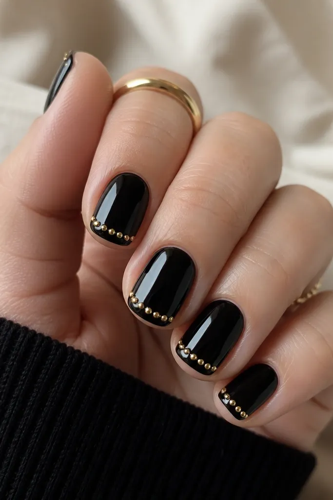 Short square nails with a glossy black base. At the tip, there's a gold studded French line made of tiny gold studs. The studs form a neat arc, and the rest of the nail stays black.