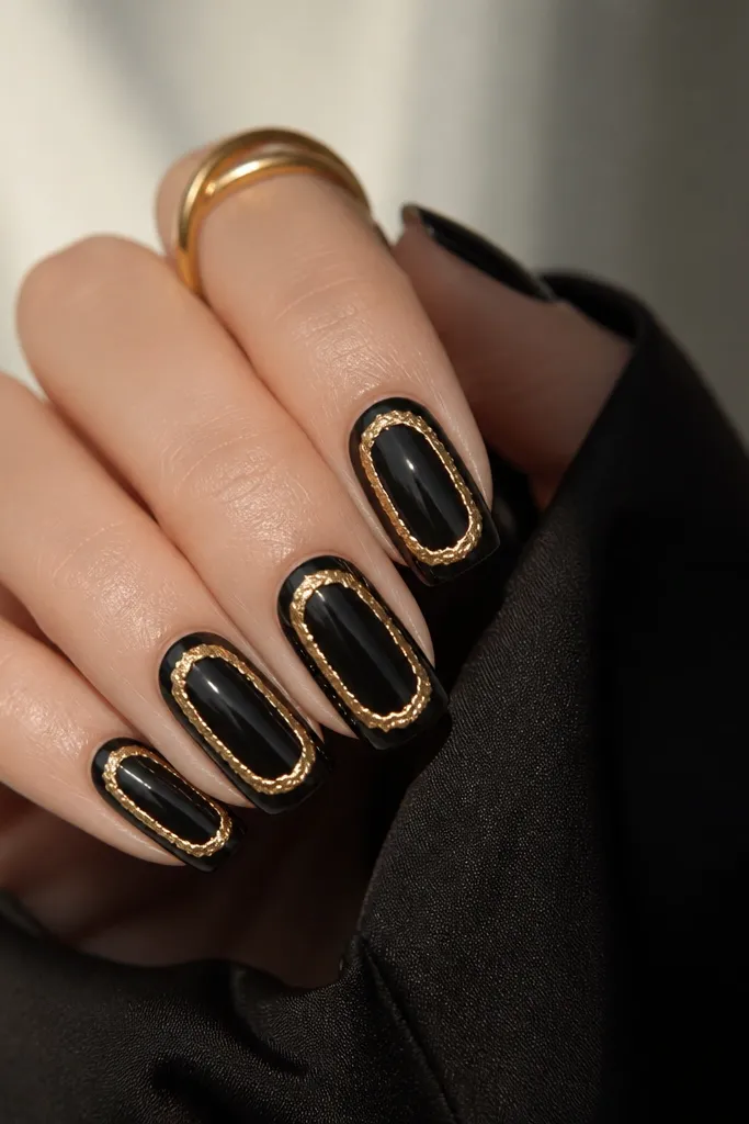 Nails with a black center panel and gold foil framing it like a picture frame. The frame is irregular and wraps around the edges, leaving a clean black rectangle in the middle. Base is glossy black outside the frame.