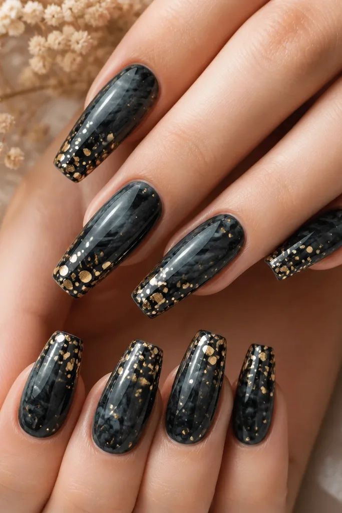 Medium coffin nails with black marble swirls. Over the marble, there are scattered gold dots of different sizes, like confetti, concentrated more around the tips. The overall finish is glossy.