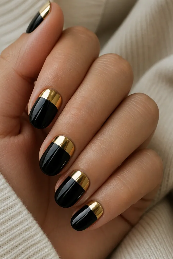 Short to medium oval nails with glossy black base. The top third of each nail is a smooth gold chrome band across the tip, like a reverse French. The chrome band is straight and even.