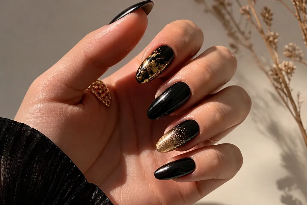 Aesthetic Black And Gold Birthday Nails