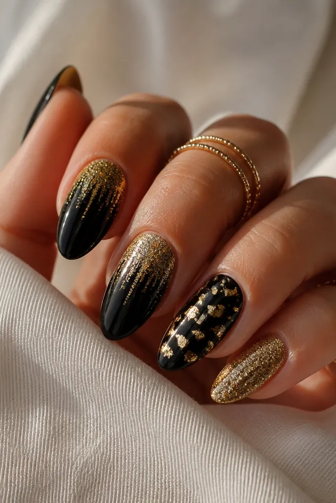 Aesthetic Black And Gold Birthday Nails