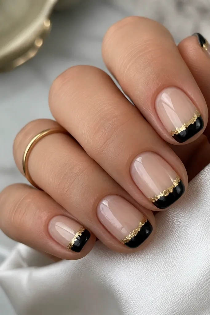 A set of short, rounded nails with glossy sheer nude at the base, a clean black French tip, and a thin strip of torn gold foil running along the outer edge of the black tip. The gold catches light like confetti but stays narrow.