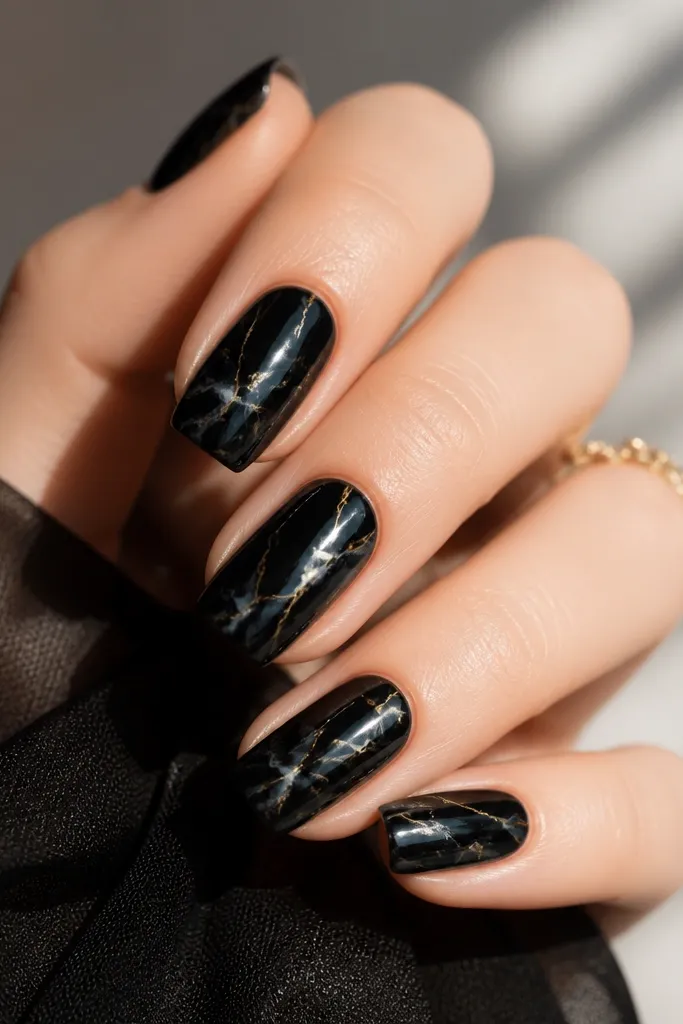 Black nails with soft gray-white marble veining. Thin gold chrome lines sit over a few vein paths near the center of each nail, creating a bright streak effect. The nails are glossy and medium length, square-rounded.