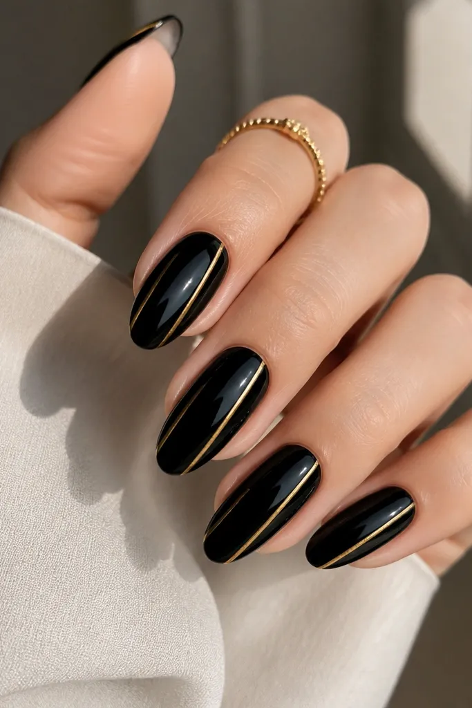 Deep glossy black nails with one or two slim gold lines running vertically along each sidewall. The lines look straight and precise, like metallic tape, with no messy edges.