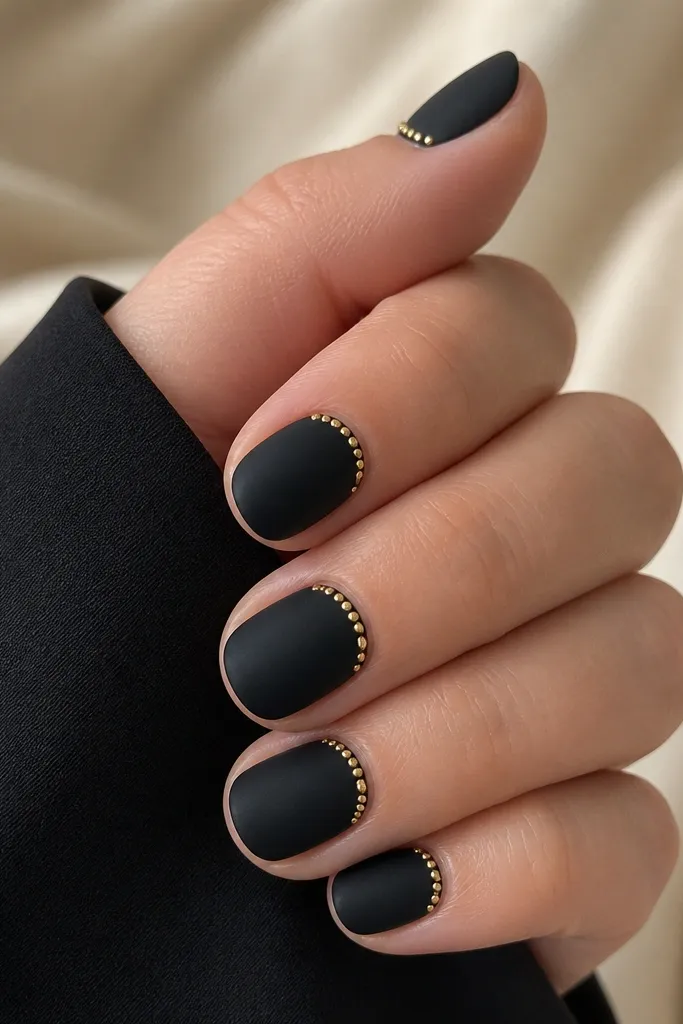 Black nails with a soft, velvety matte finish. Along the cuticle line sits a thin row of tiny gold studs, evenly spaced like a bracelet. The nails are short and rounded.