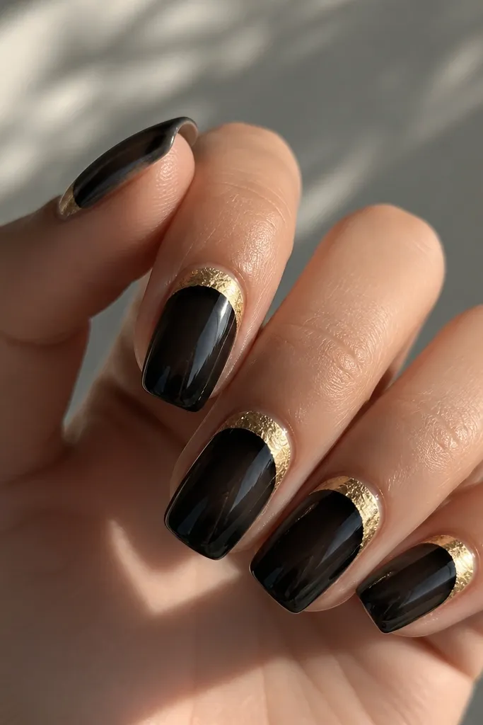 Black jelly-like nails with a semi-translucent glow. Each nail has a gold foil half-moon at the cuticle area, forming a curved arc. The nails are glossy and medium length.