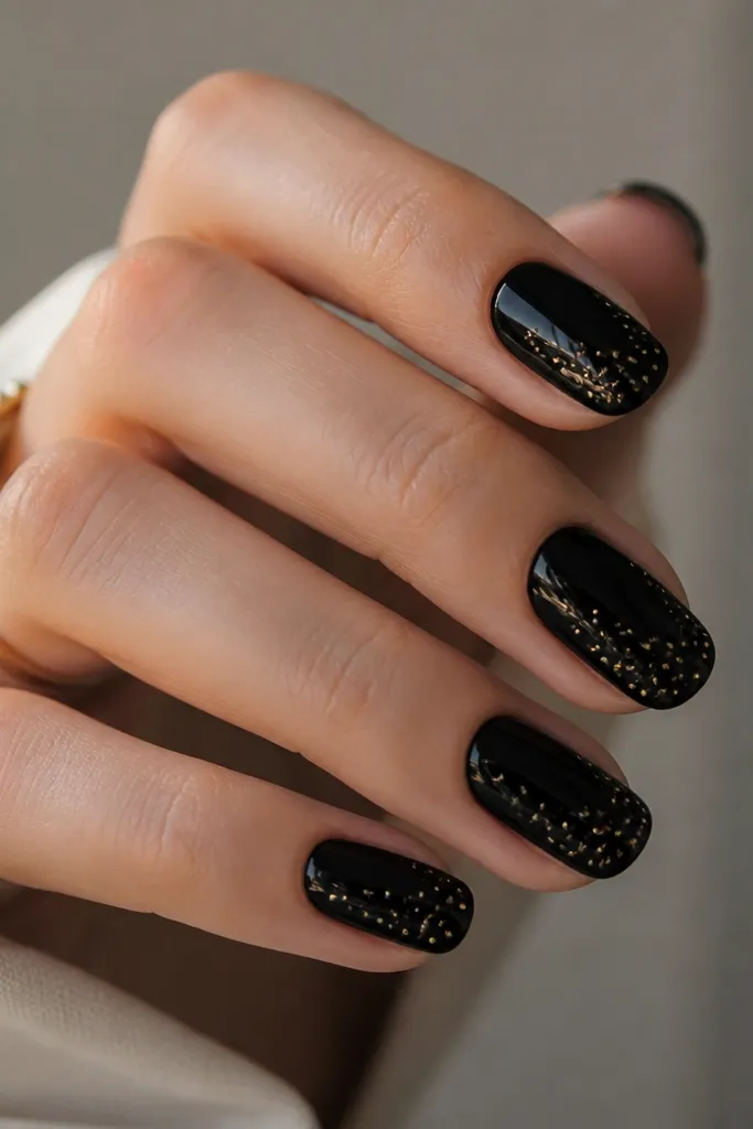 Glossy black nails covered with sparse micro gold dots scattered near the tips and along one side. The dots are small, evenly spaced, and look like metallic sprinkles.