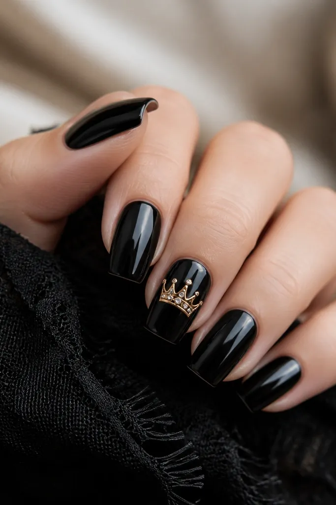 Most nails are glossy black. One or two accent nails have a small gold crown graphic near the cuticle, with a thin gold outline and tiny gem-like dots. The crown is crisp and centered.