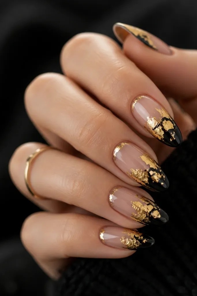 A nude clear base with black tips that take up about one-third of the nail. On the nude area, gold leaf is randomly placed like torn paper, with glossy top coat making it shine.