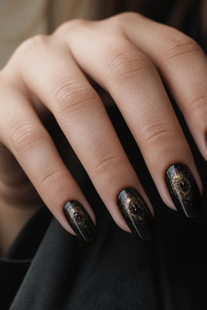 Black nails with a subtle galaxy effect: dark swirls and fine glitter glow. Gold micro specks are concentrated near the center and fade toward the tips. Nails are glossy and medium length.
