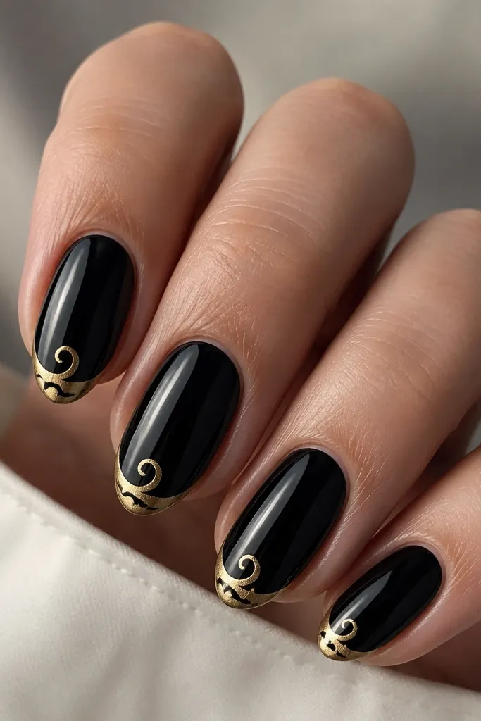 Short almond nails with a glossy black base. A French tip shape is outlined in gold foil, and the foil forms a soft swirl at the center of the tip. The rest of the nail stays black.