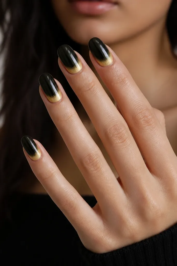 Black nails with a soft halo of gold chrome around the cuticle. The gold fades outward like a glow ring, with the center staying black. Nails are glossy and medium length.