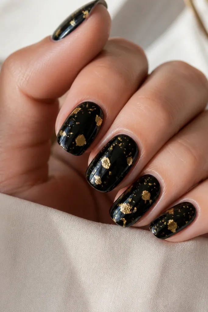 Deep glossy black nails with scattered small gold foil shards across the surface. The gold looks like confetti, with a glassy, high-shine top coat that smooths everything.