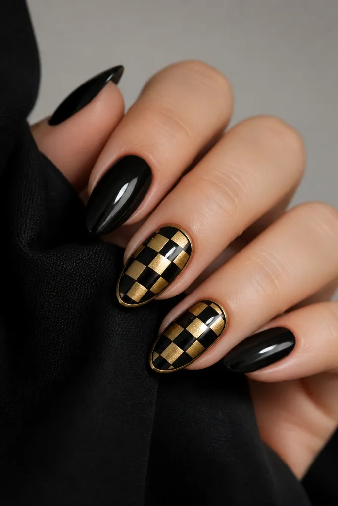 Alternating black and metallic gold checkerboard squares on two accent nails. The rest of the nails are solid black with glossy finish. The checkerboard has clean square edges and a thin gold border.