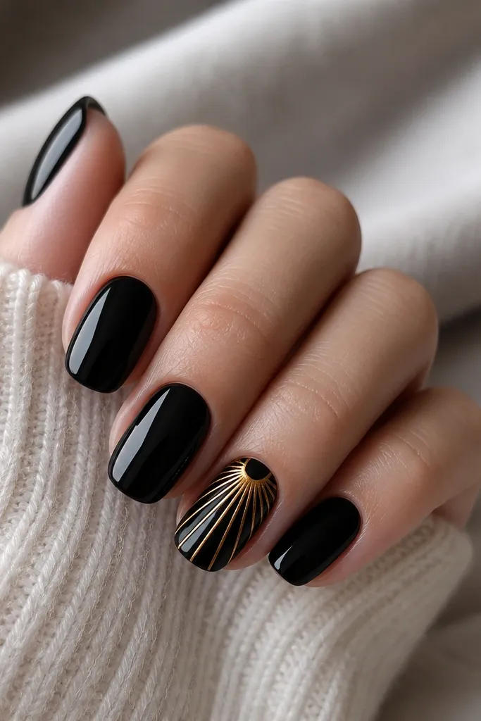 Most nails are solid glossy black. One accent nail has a sunburst pattern: gold lines radiate from a center point near the cuticle, fanning out to the tip. The gold is metallic and crisp.