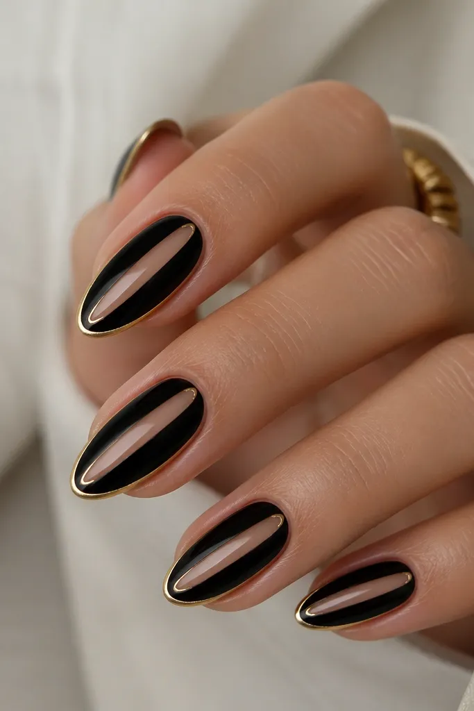 Black nails with a thin gold outline that frames the nail shape like a border. The center has a small nude negative-space strip running lengthwise, creating a clean window. Finish is glossy.