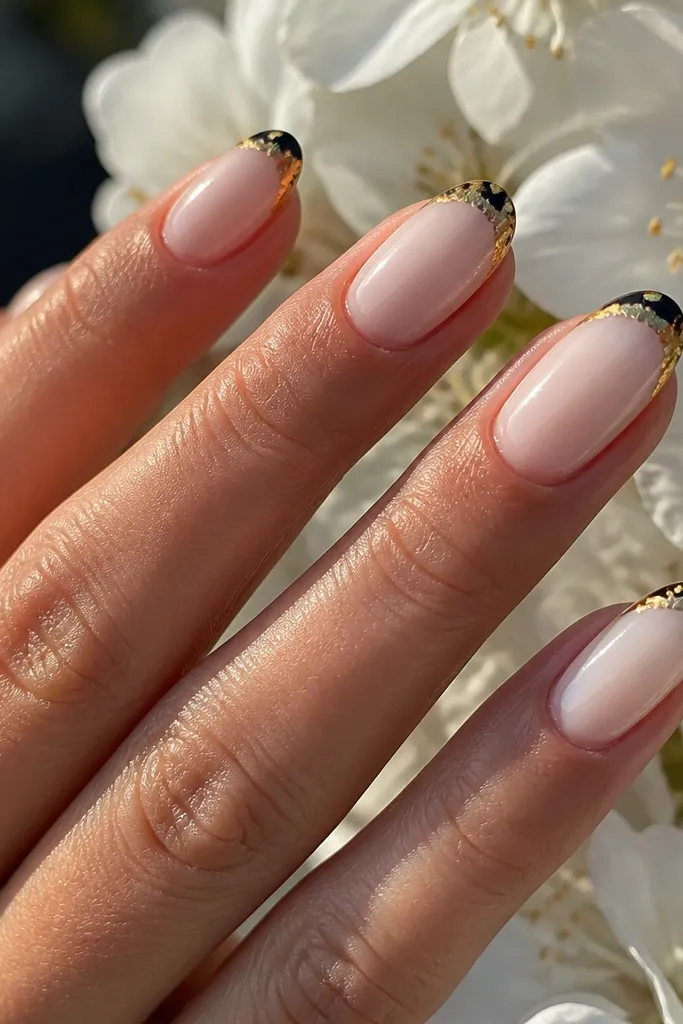 A close-up of short squoval nails painted glossy black with a very thin white-free French tip outline, and a strip of gold foil only along the very edge of the tip; the gold catches light in small irregular flakes.