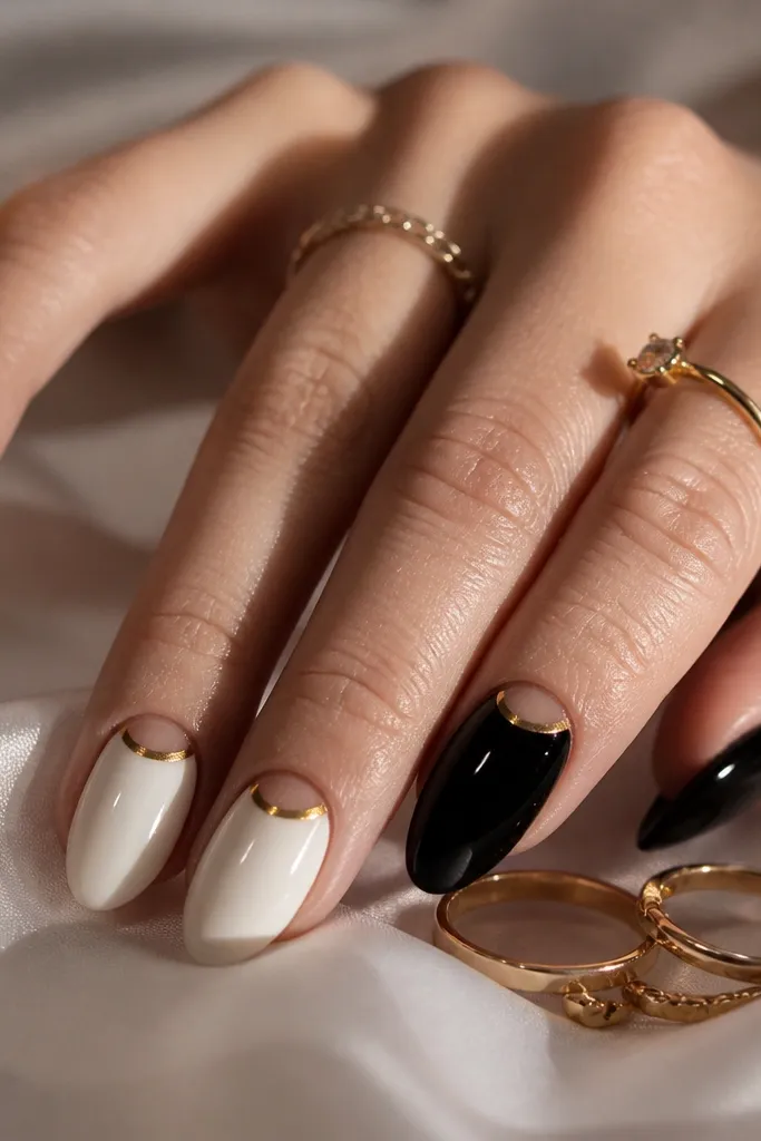 Long almond nails with a glossy black base and a clean gold chrome crescent right at the cuticle, leaving the rest of the nail black; the chrome has a smooth mirror shine.