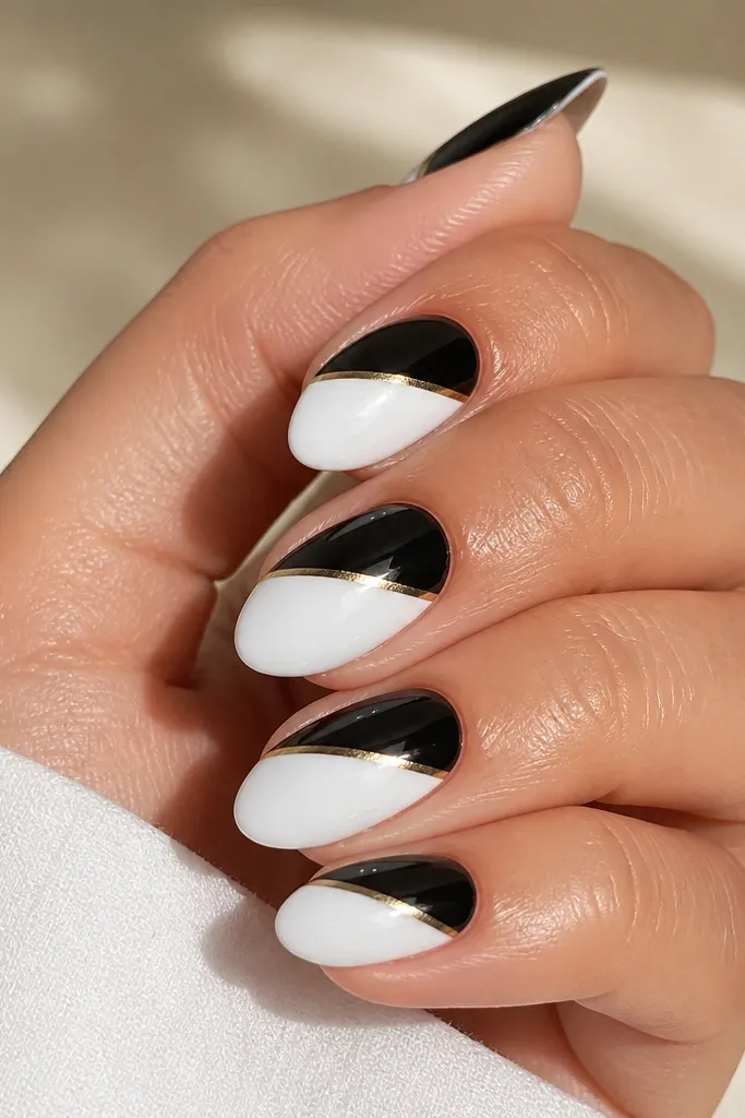 Square nails painted glossy black with a single diagonal gold striping tape band across the center, topped with a glossy clear coat so the tape looks like a raised line.